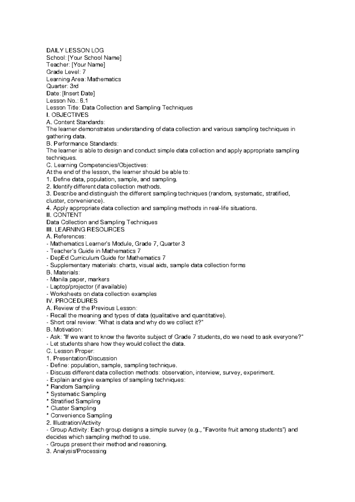 DLL Grade 7 Math Lesson 6: Data Collection & Sampling Techniques - Studocu