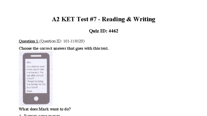 A2 KET Test 7 Reading & Writing Quiz ID: 4462 - Studocu