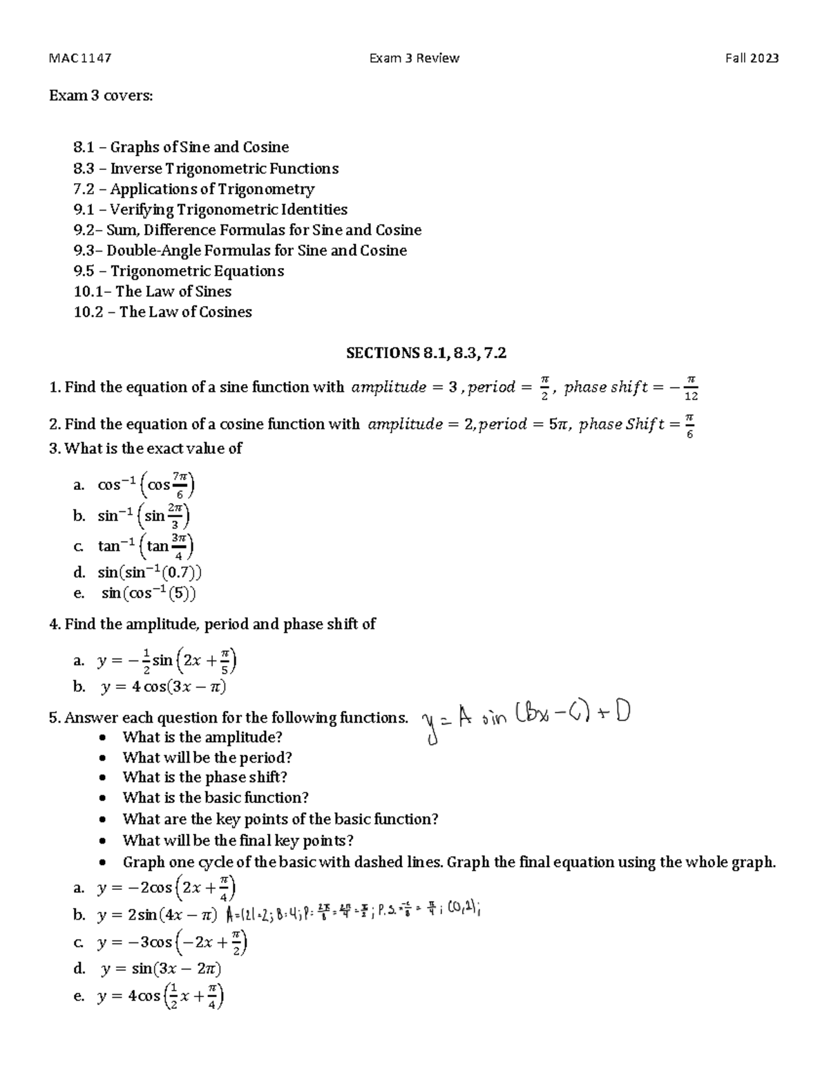 Exam 3 Review - Trigonometric Functions (Chapters 7.2, 8.1, 8.3, 9.1-9. ...