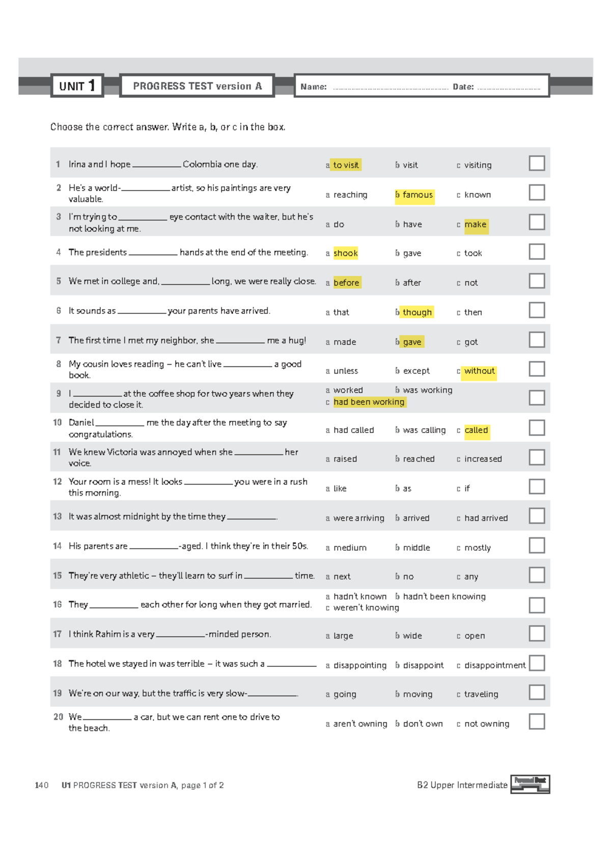 B2 Upper Intermediate U1-U6 Personal Best Progress Tests (Multiple ...
