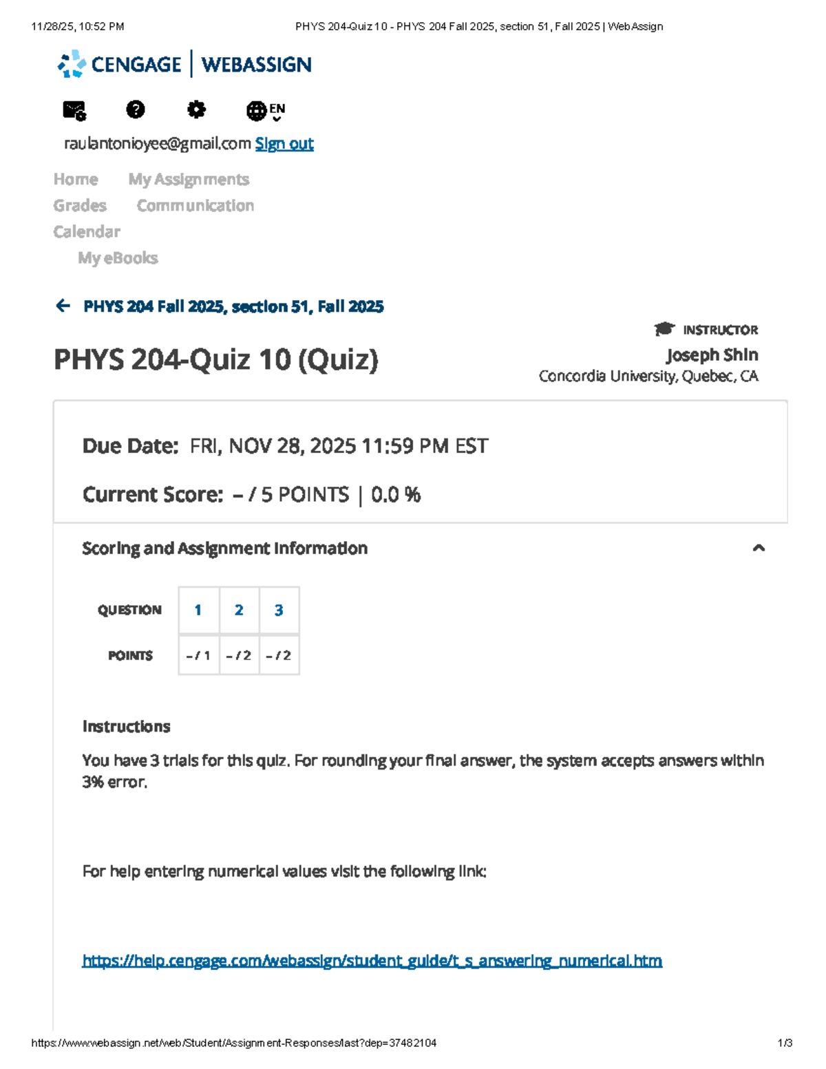 PHYS 204 - Quiz 10 Details for Fall 2025, Section 51 - Studocu