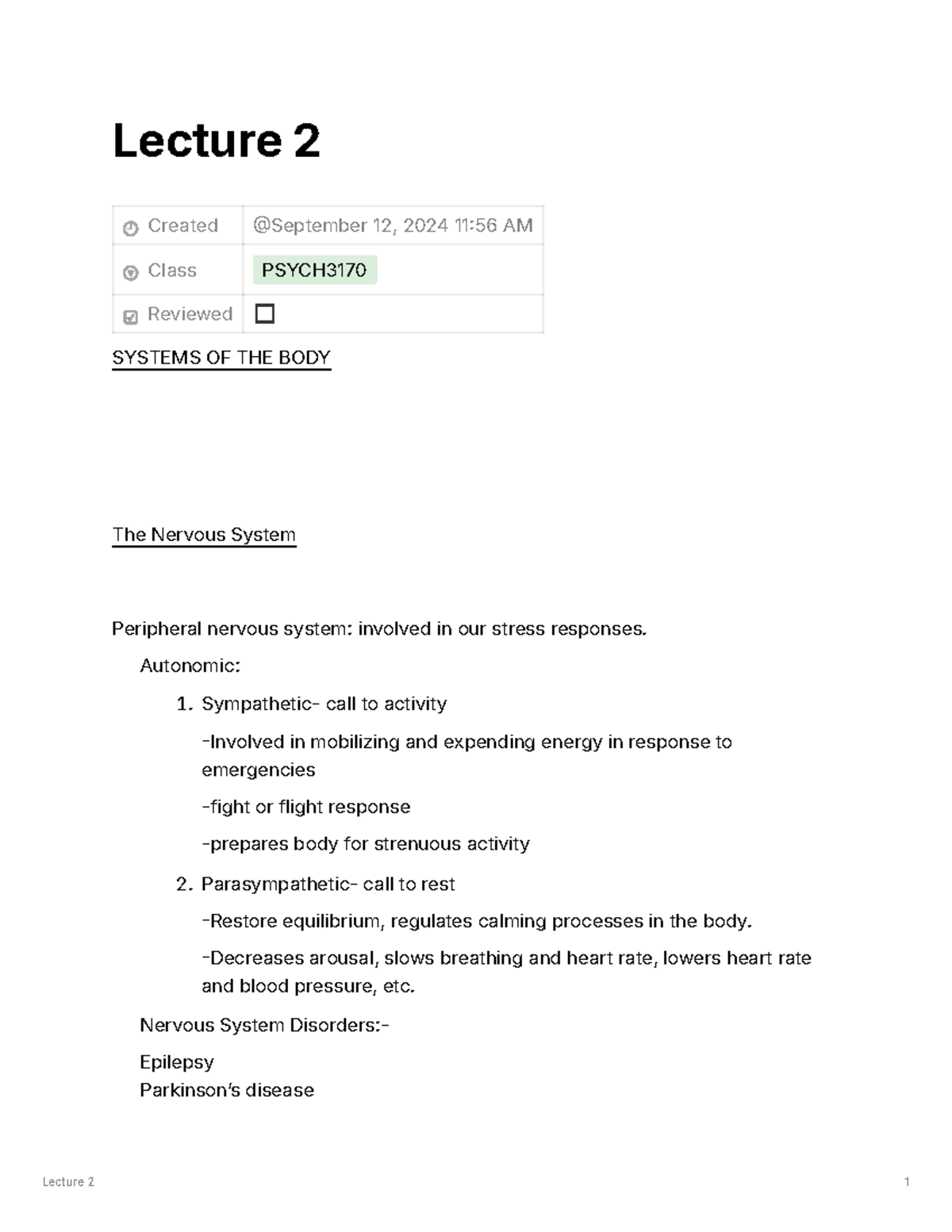 Lecture 2: Overview of Body Systems - PSYCH 3170 - Studocu