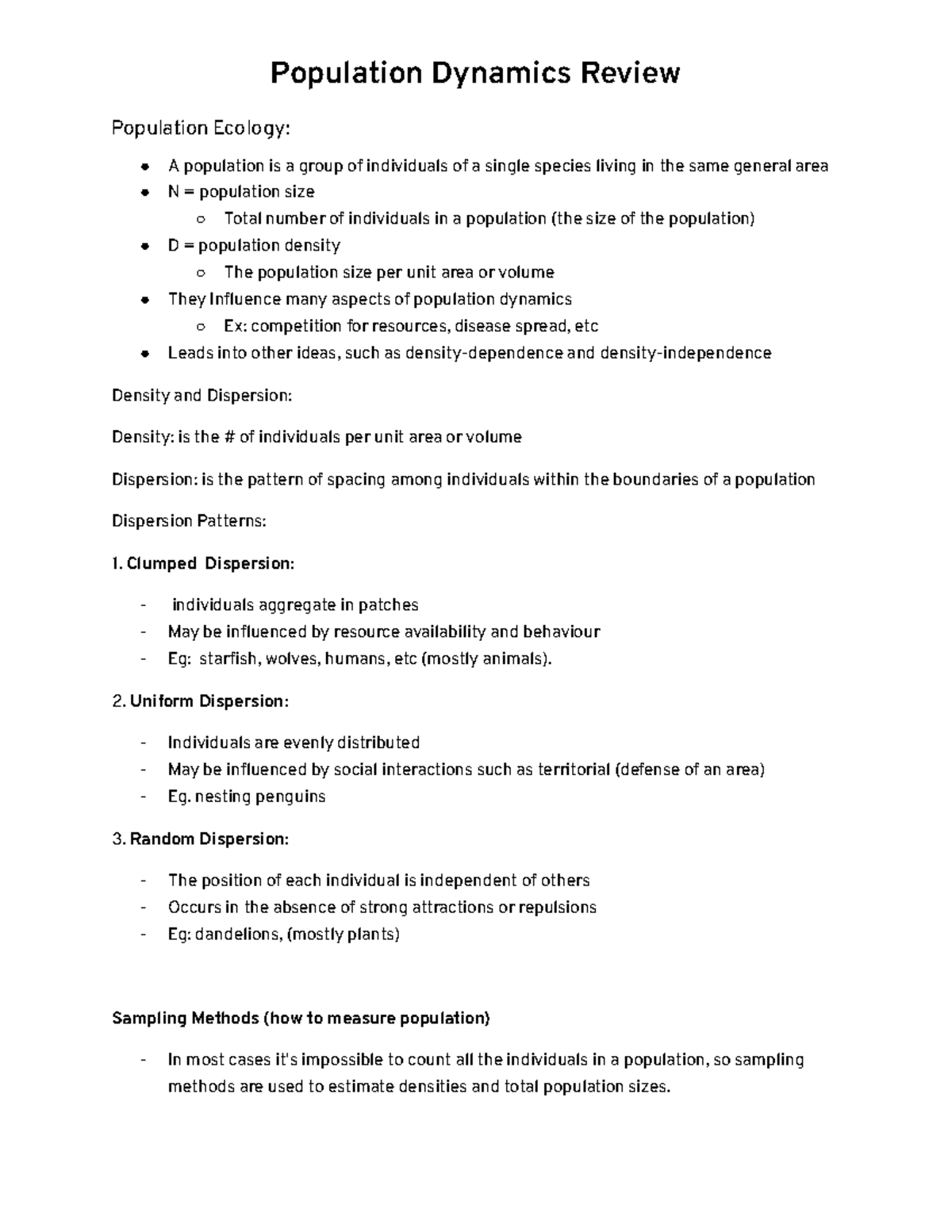 Population Dynamic Notes - Population Dynamics Review Population ...