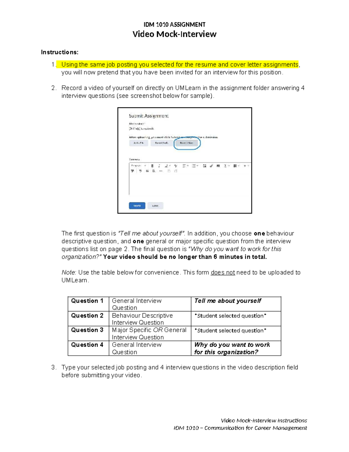 IDM 1010 Mock Interview Assignment Instructions and Tips - Studocu
