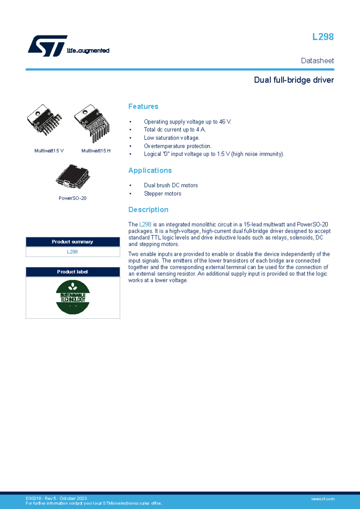 L298 Dual Driver Datasheet: Features & Specifications Overview - Studocu