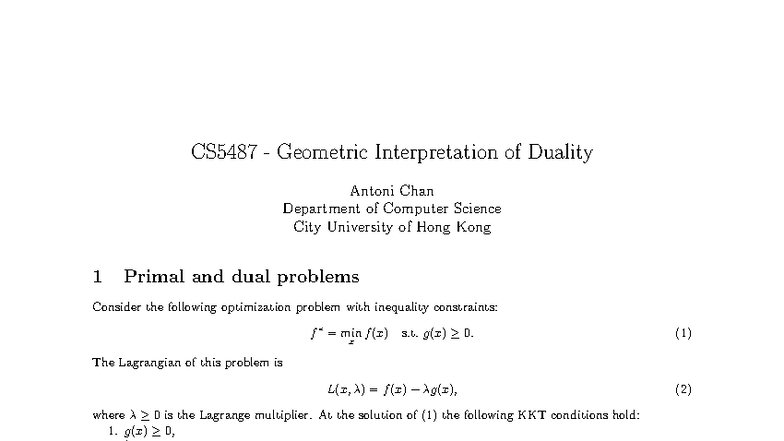 CS5487 Geometric Interpretation of Duality in Optimization - Studocu