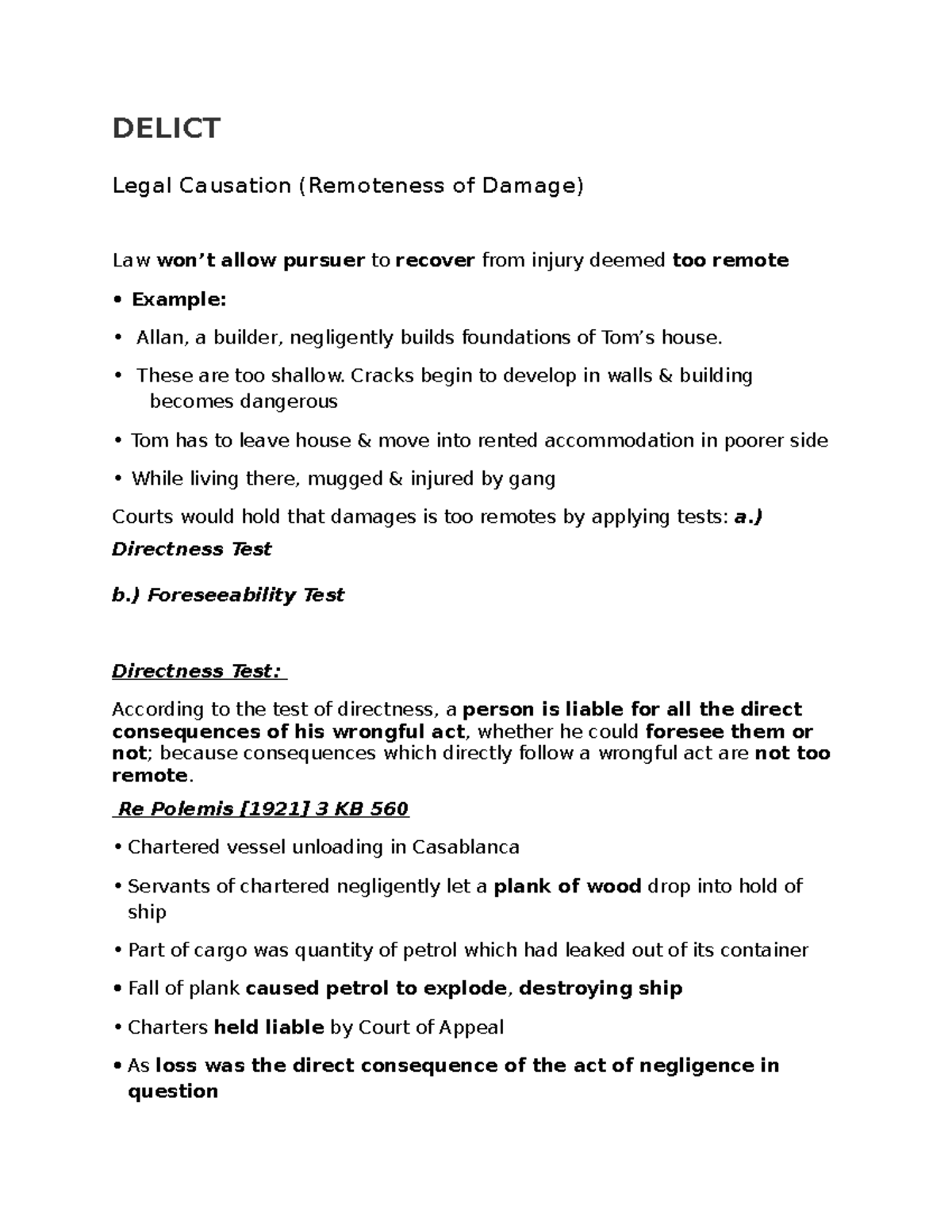 Delict Notes. 8 - DELICT Legal Causation (Remoteness of Damage 