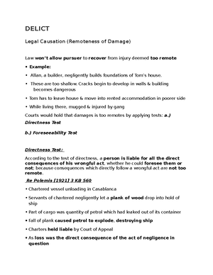 Delict Notes. 8 - DELICT Legal Causation (Remoteness of Damage 