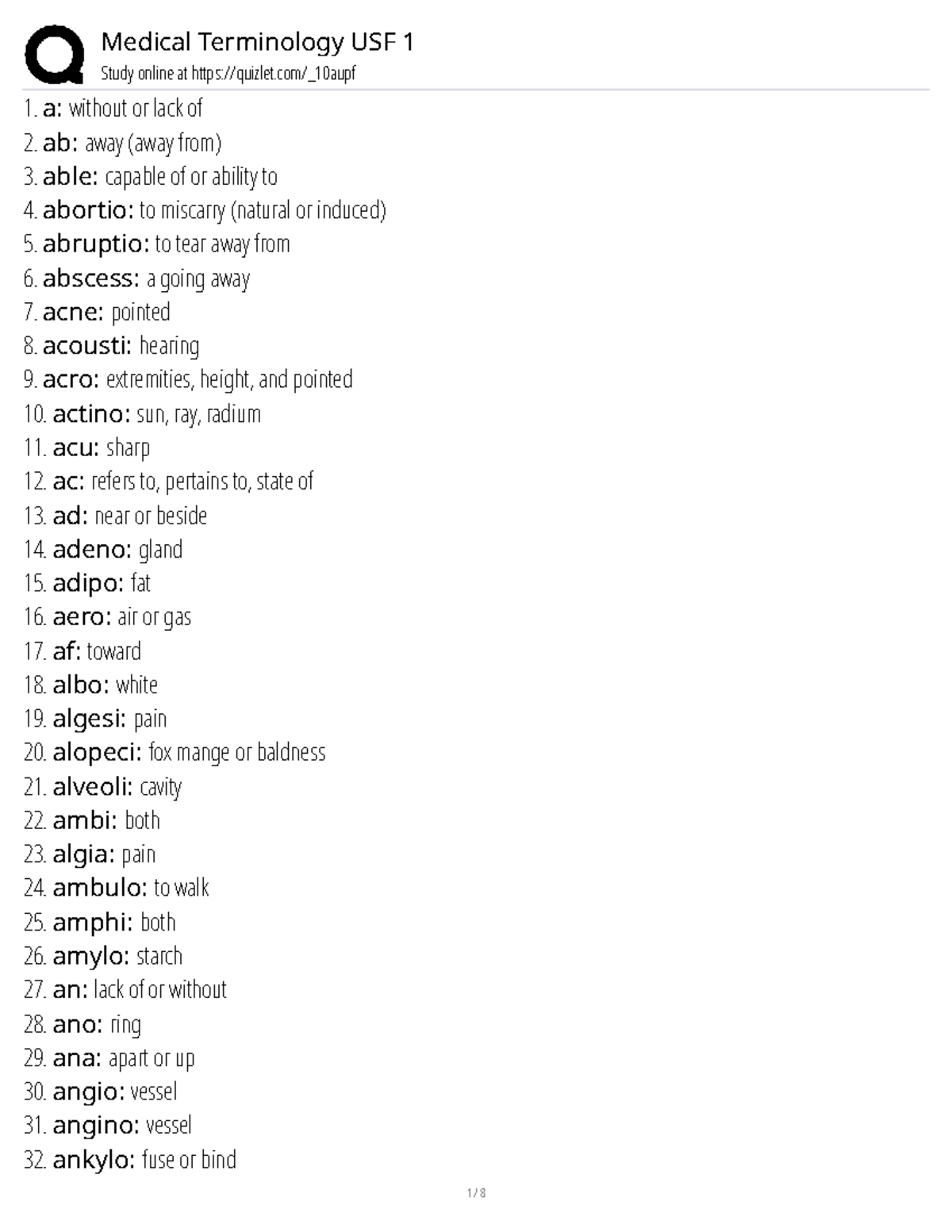 Medical Terminology USF 1 Notes for Study - Studocu