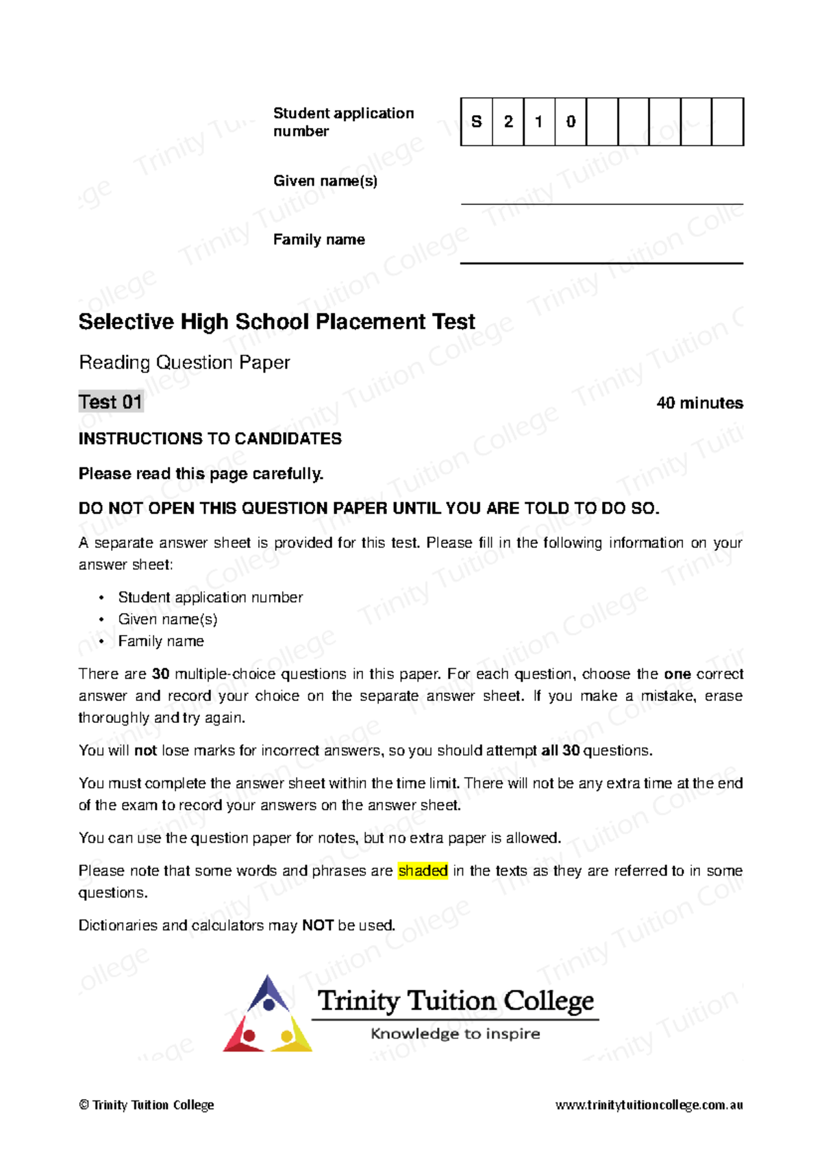 Trinity Tuition College Reading Test 01: Exam Paper & Questions - Studocu