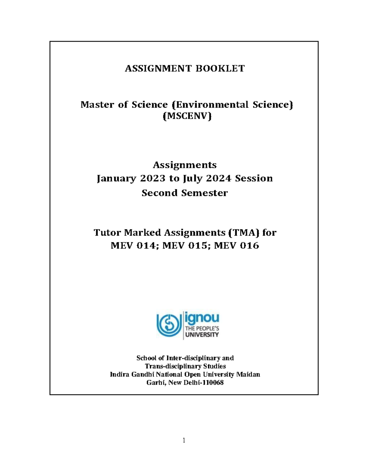 Assignment Booklet for MSc (Environmental Science) MEV 014, MEV 015 ...