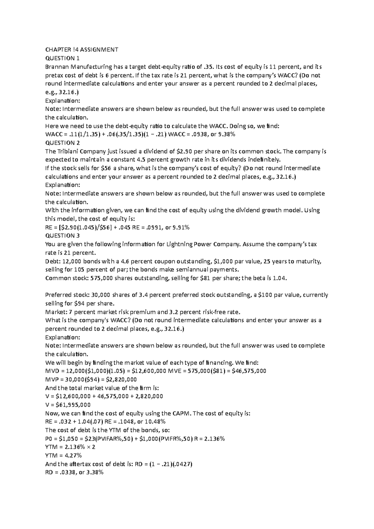 Chapter 14 Assignment: Calculating WACC and Cost of Equity - Studocu