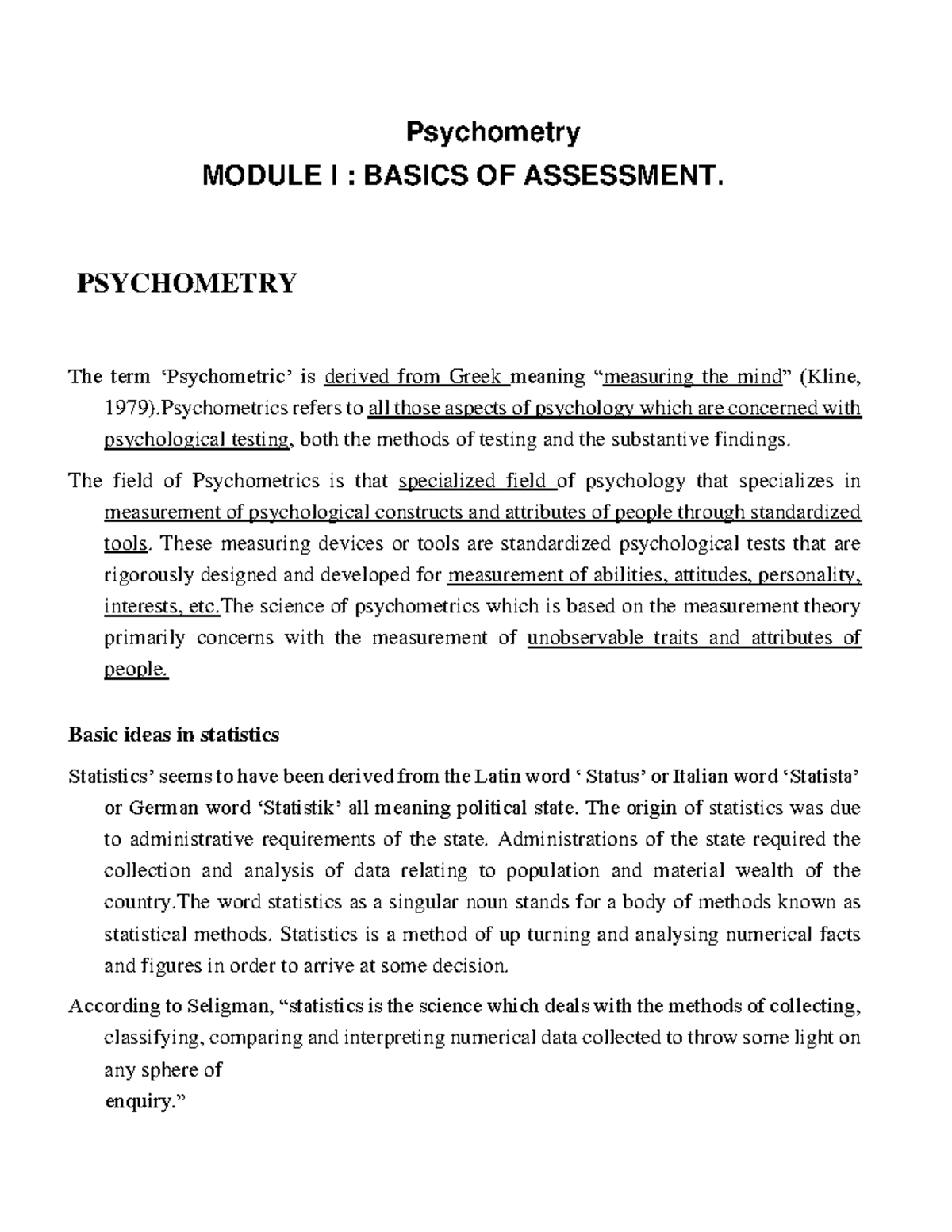 Psychometry Module I: Basics of Assessment and Statistics - Studocu