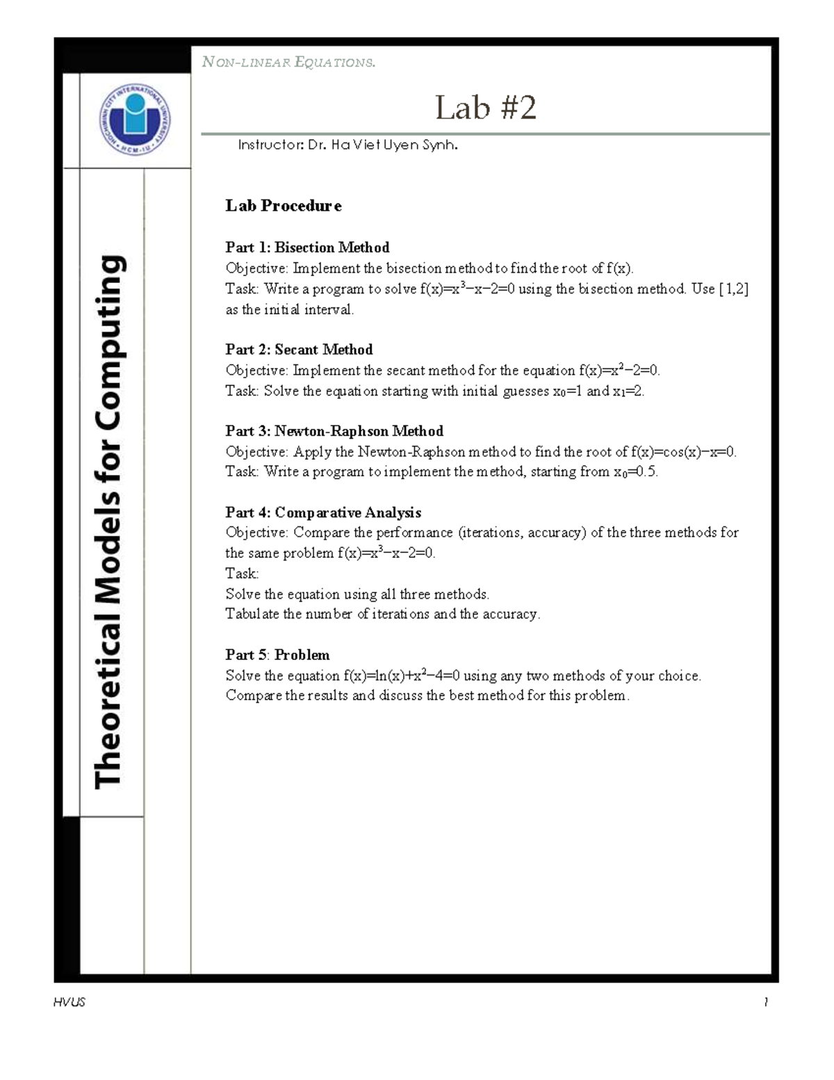 HVUS 1: Lab #2 - Bisection, Secant & Comparative Analysis Methods - Studocu