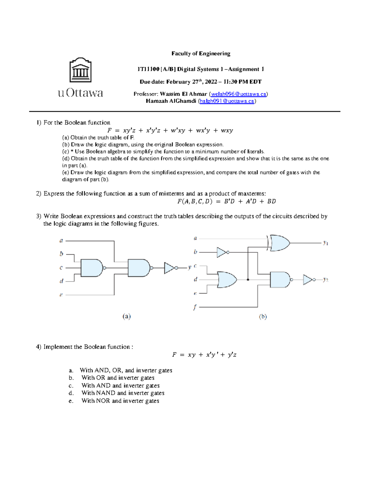 Assignment 2 - For the Boolean function 𝐹 = 𝑥𝑦′𝑧 + 𝑥′𝑦′𝑧 + 𝑤′𝑥𝑦 + 𝑤𝑥′𝑦 ...