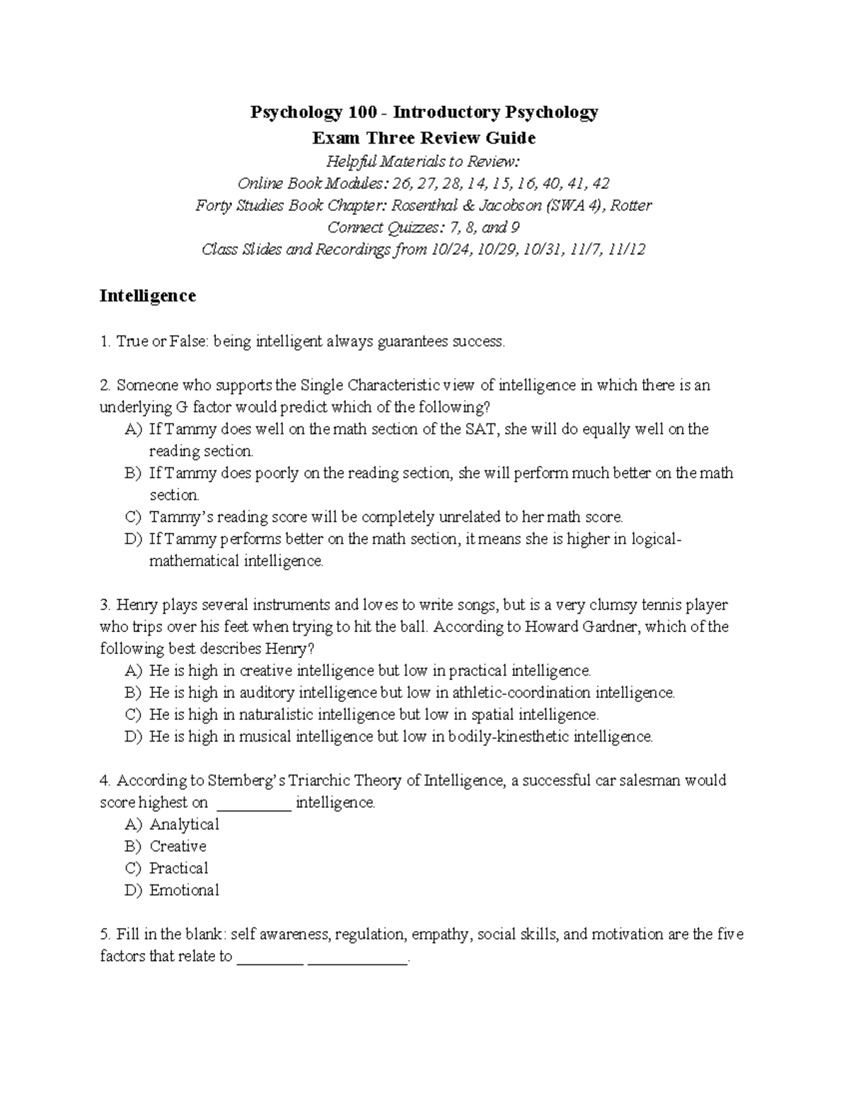 Psychology 100 - Exam Three Review Guide on Intelligence ...