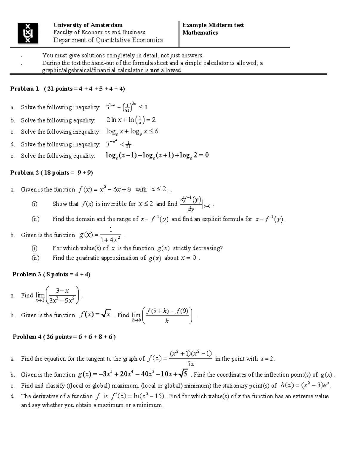4 - Midterm Practice Test Mathematics - 25 Sept 2019 - Studeersnel