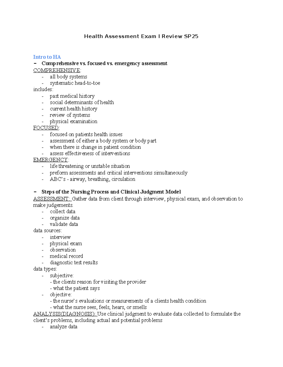 NUR 101: Health Assessment Exam I Review - Interventions & Assessments ...