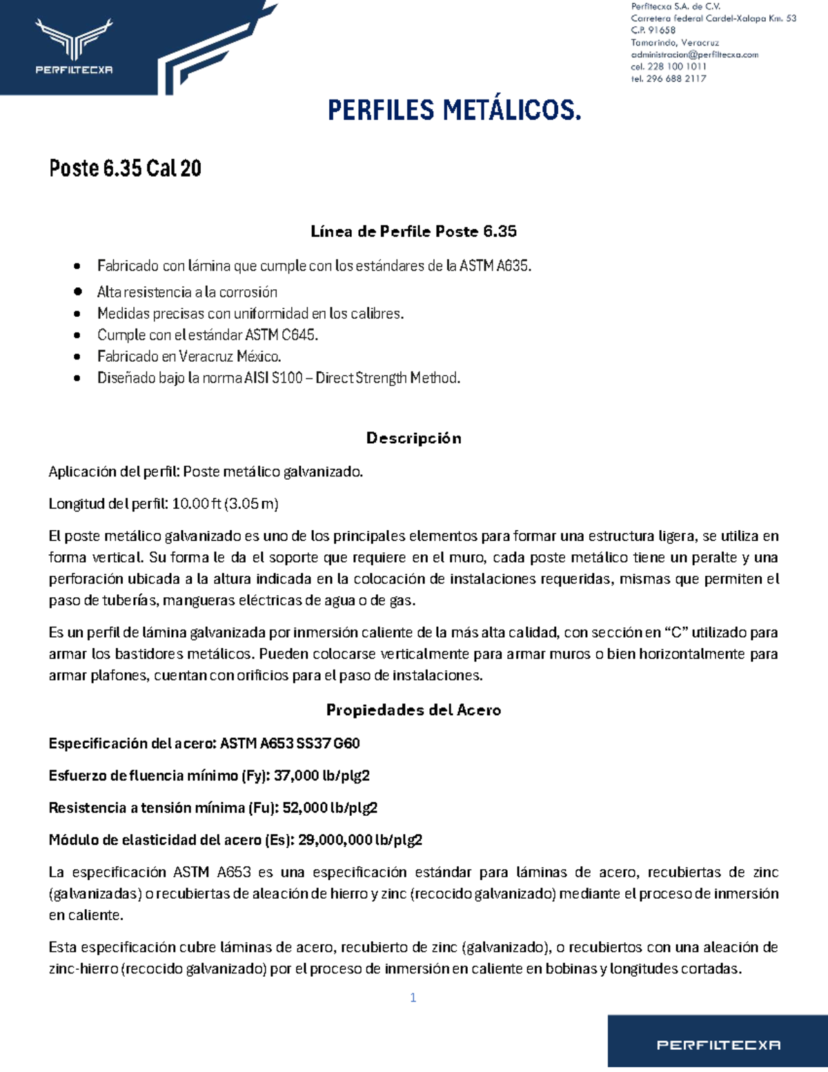 Ficha Técnica de Poste Metálico 6.35 Cal 20 - ASTM A635 - Studocu