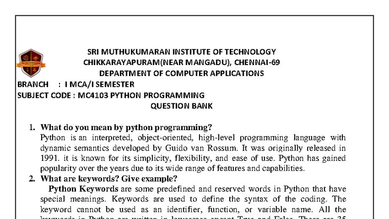 Python Programming Question Bank MC4103 - Nov 2023 - Studocu