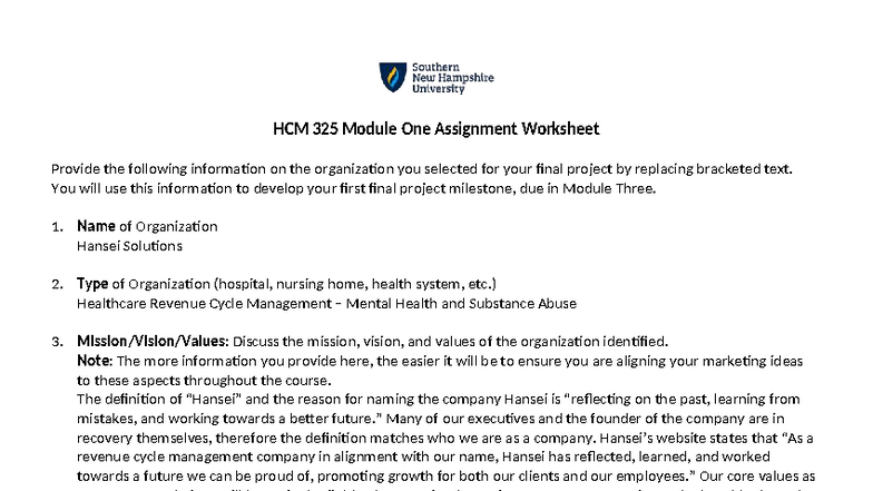 HCM 325 Module One Final Project Assignment Worksheet - Studocu