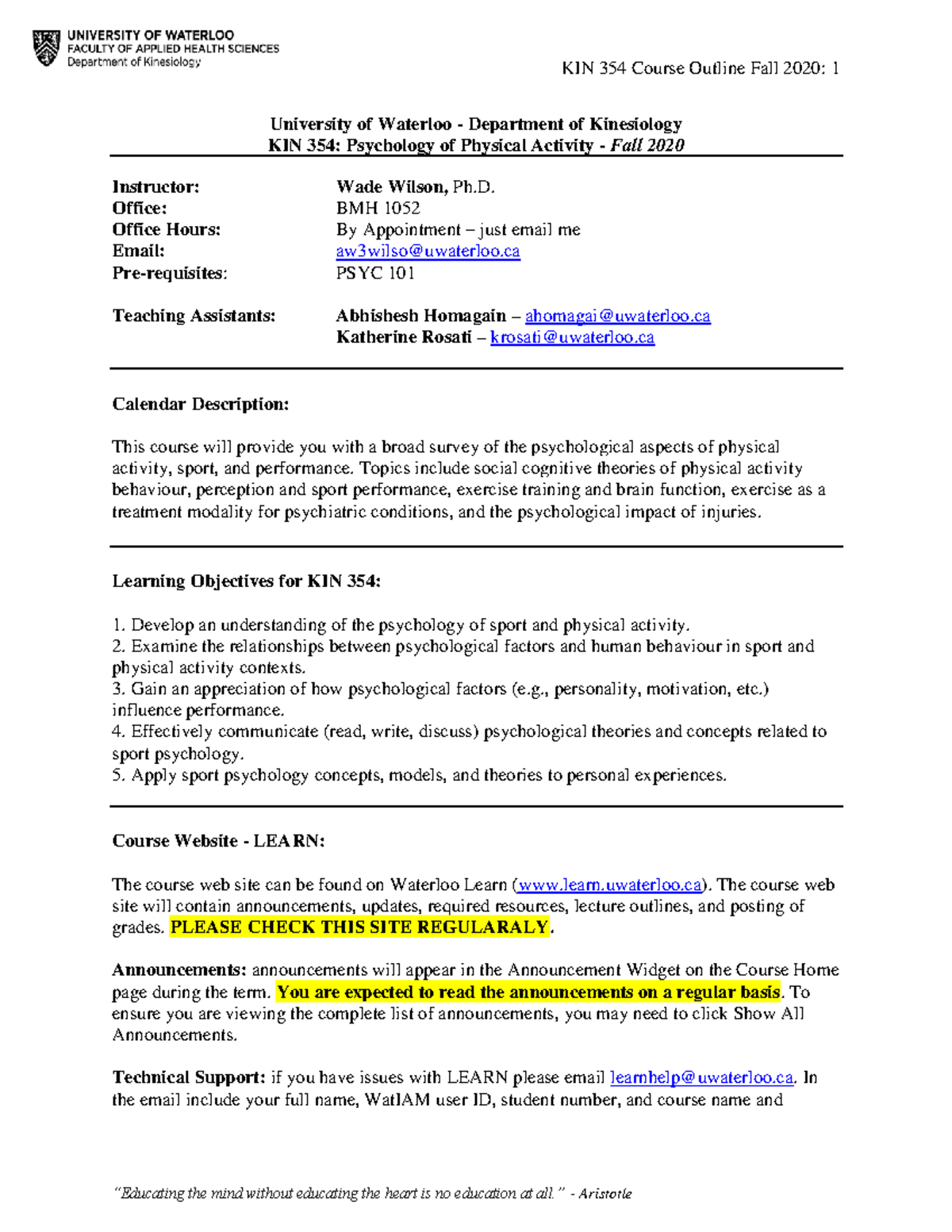 KIN 354 Course Outline: Psychology of Physical Activity - Fall 2020 ...