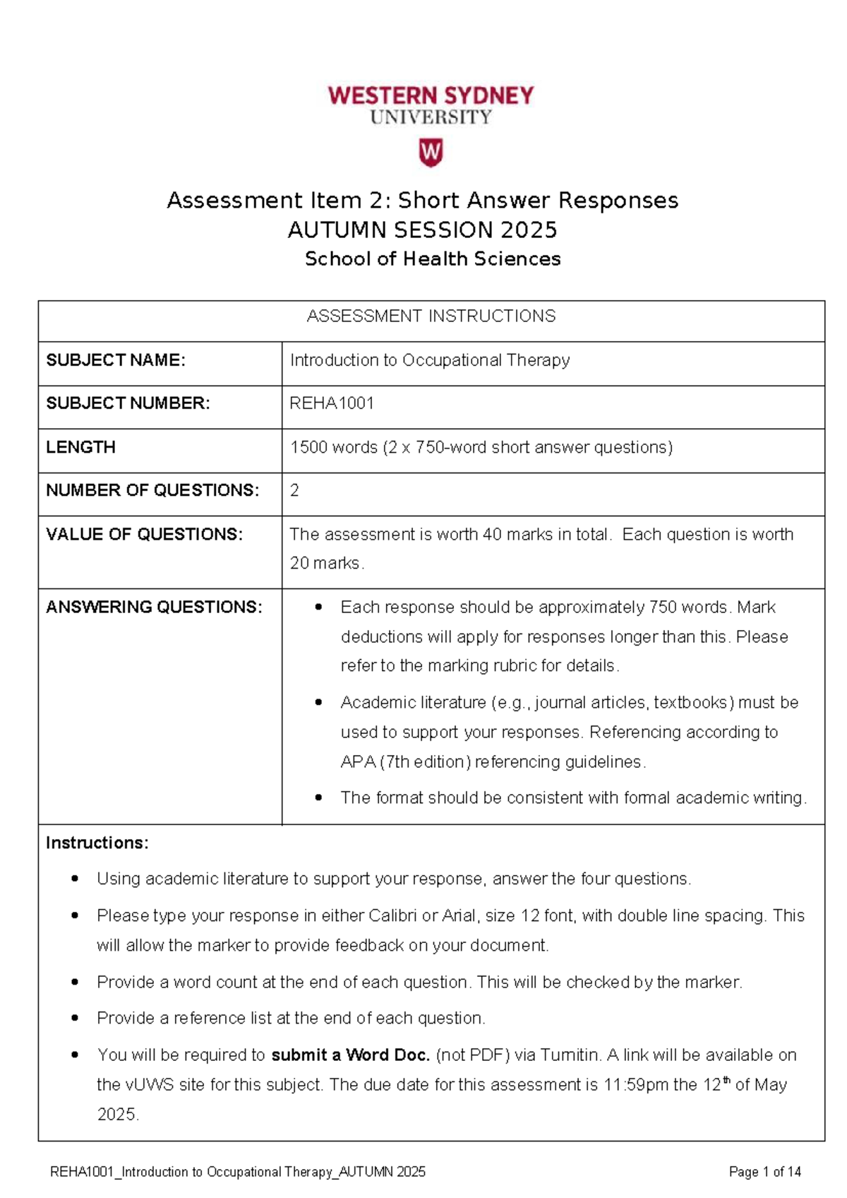 REHA1001: Short Answer Responses for Occupational Therapy Assessment 2 ...
