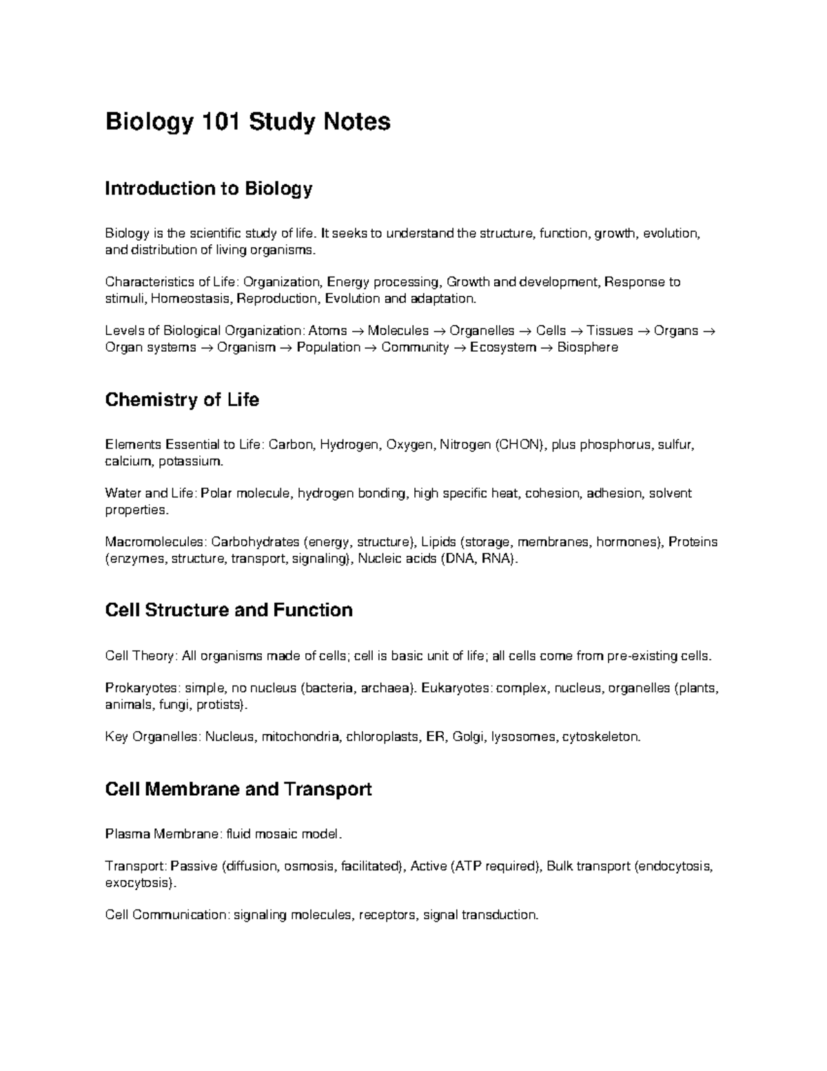 Biology 101 Final Exam Study Notes: Key Concepts and Processes - Studocu