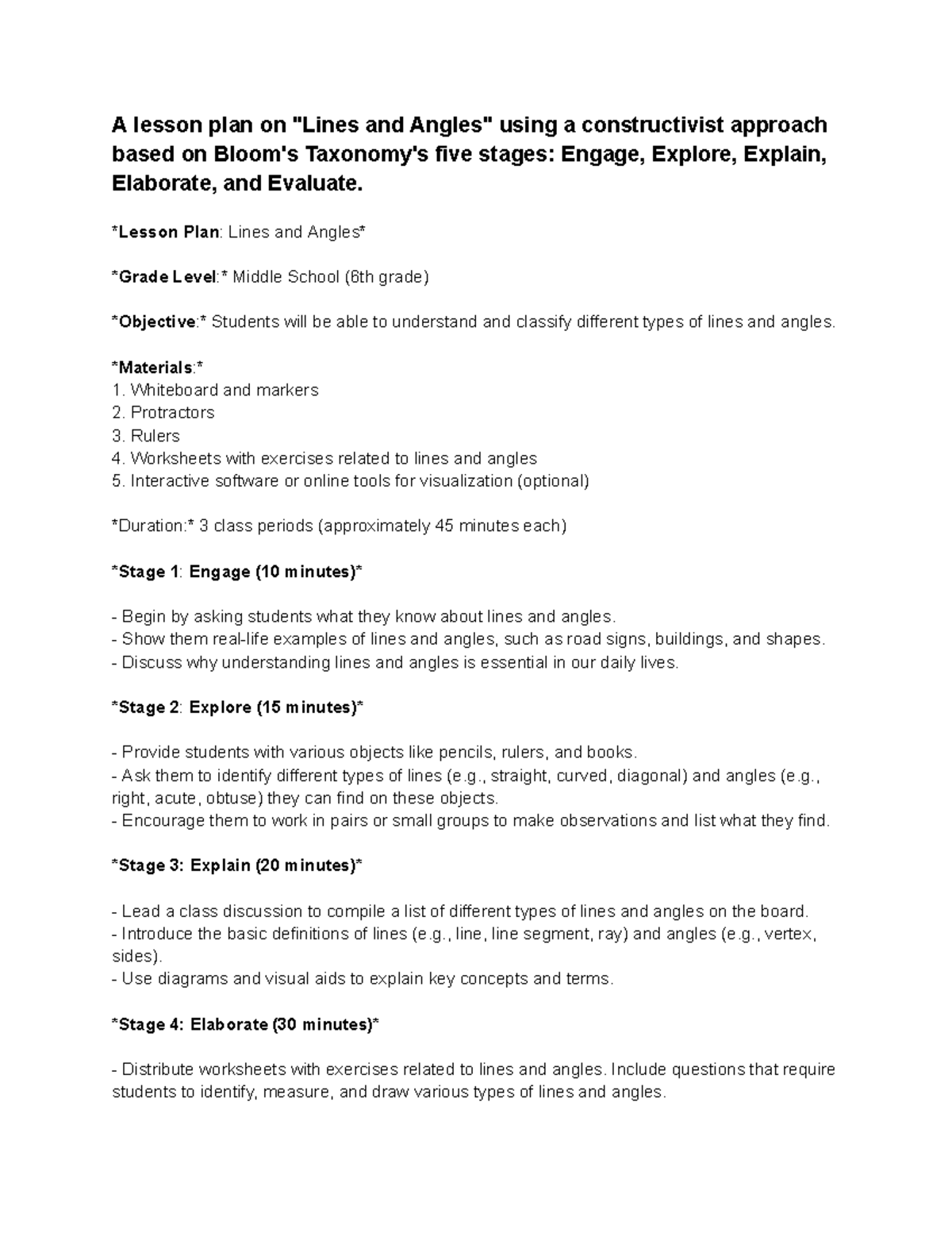 Lesson Plan: Lines and Angles for 6th Grade Using Bloom's Taxonomy ...
