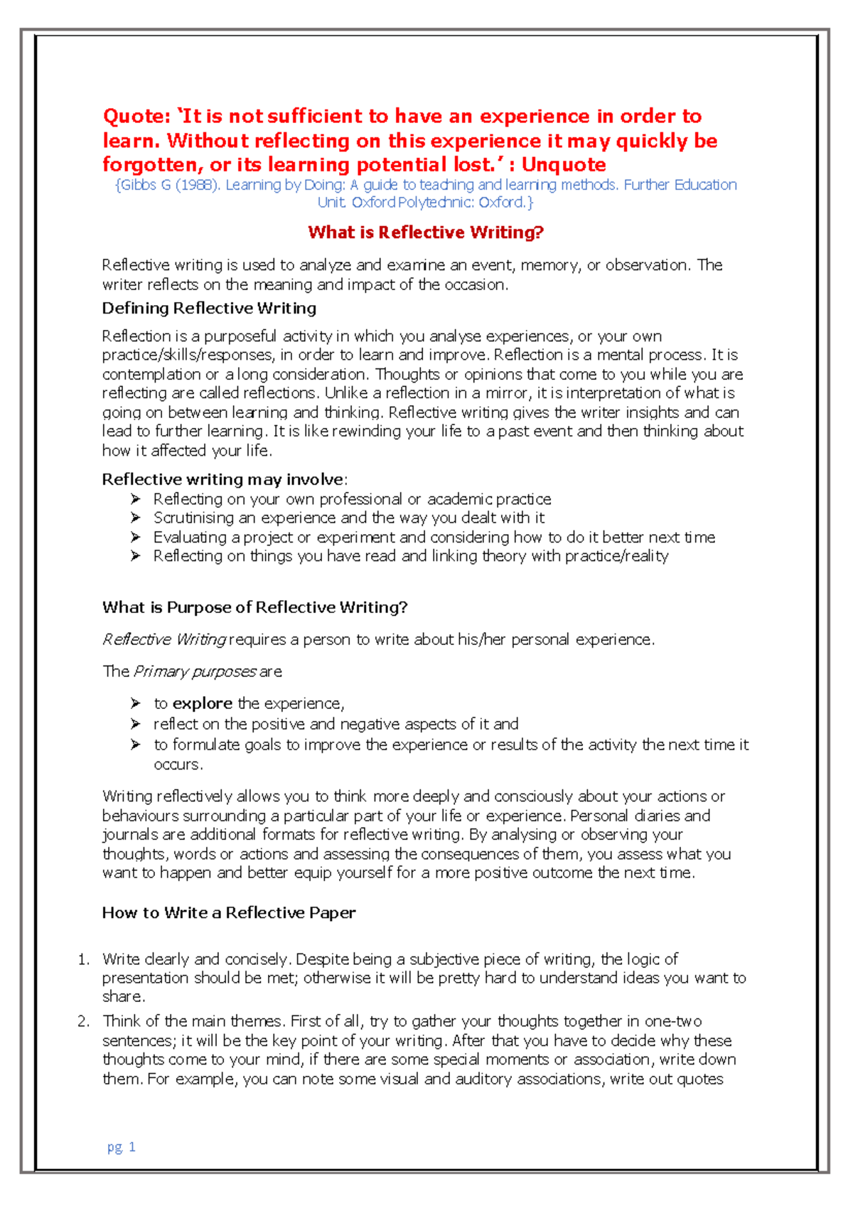 Reflective-Wrting-Blog - Quote: ‘It is not sufficient to have an ...