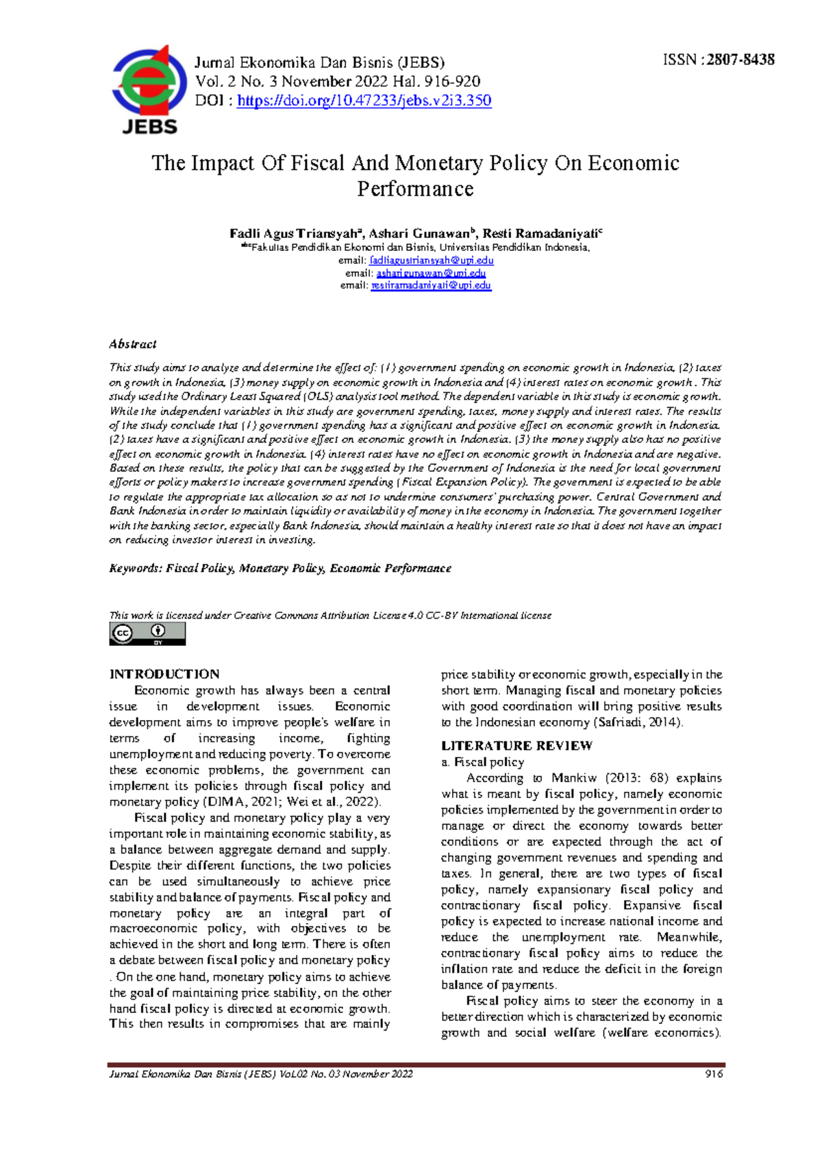 The Impact of Fiscal and Monetary Policy on Economic Growth (JEBS Vol ...