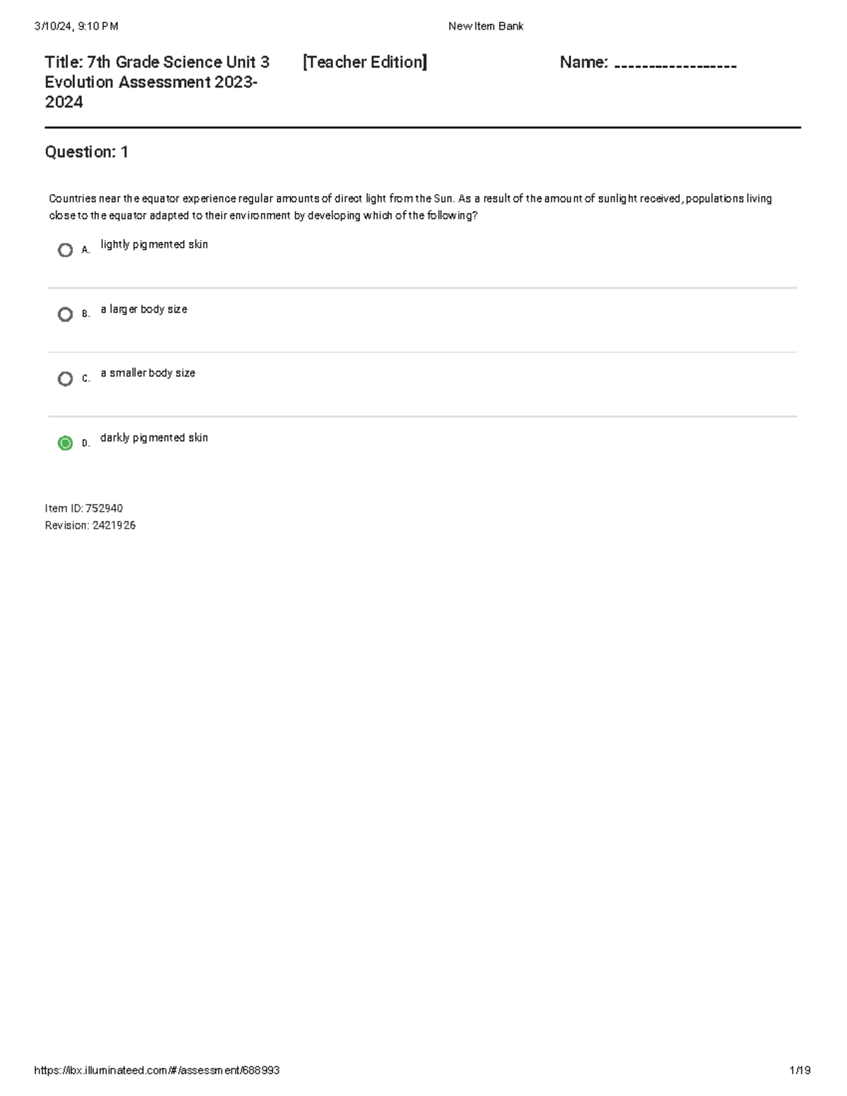 7th Grade Science Unit 4 Evolution Quiz & Assessment Prep 2023-2024 ...