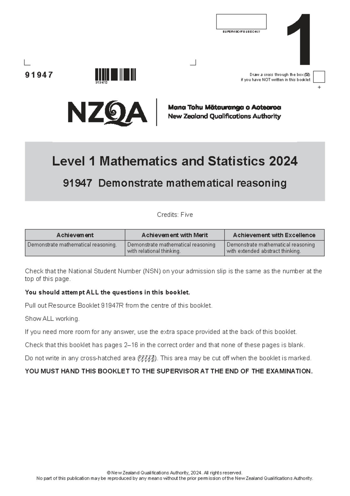 Mathematics and Statistics 91947 Level 1 Final Exam: Mathematical ...