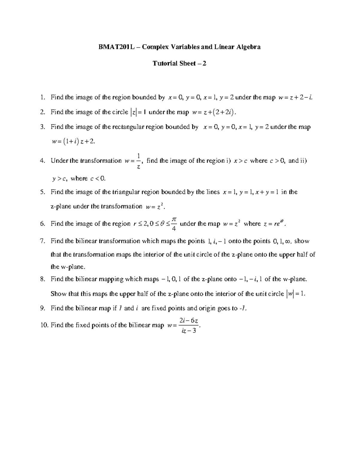 BMAT201L – Complex Variables and Linear Algebra Tutorial Sheet 2 - Studocu