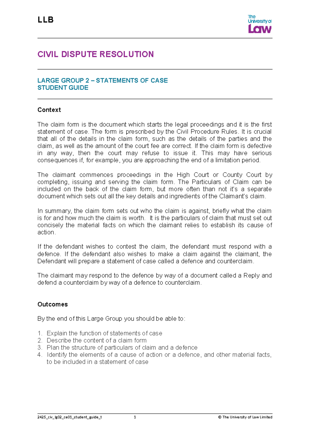 LG2 - Civil Dispute Resolution: Statements of Case Guide - Studocu
