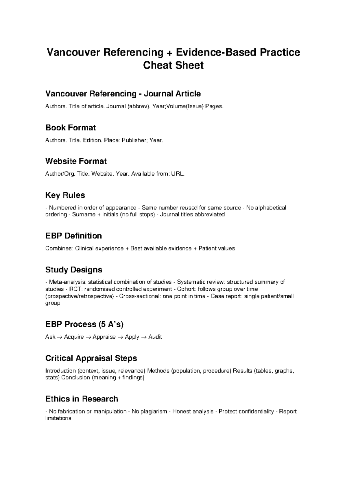 Vancouver EBP Cheat Sheet: Referencing & Key Rules Guide - Studocu