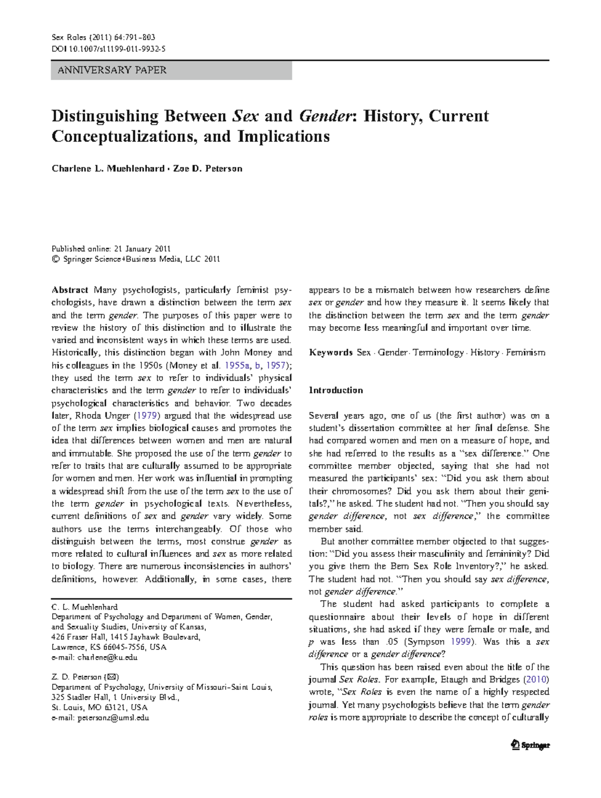 Understanding the Distinction Between Sex and Gender: A Review - Studocu