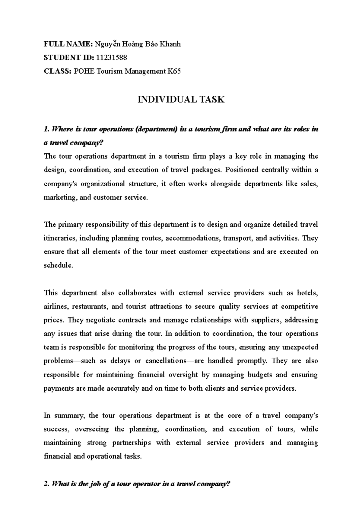 POHE Tourism Management K - Individual Task 01: Tour Operations ...