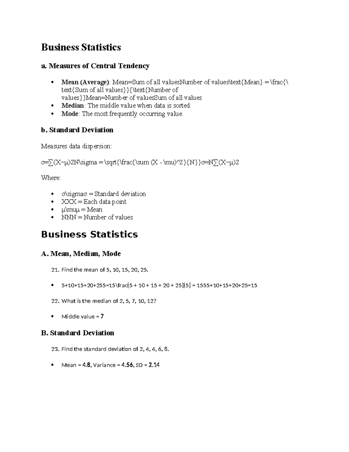 Business Statistics - math - Business Statistics a. Measures of Central ...