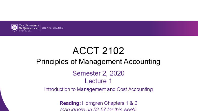 ACCT 2102 Lecture 1: Intro to Management & Cost Accounting - Studocu