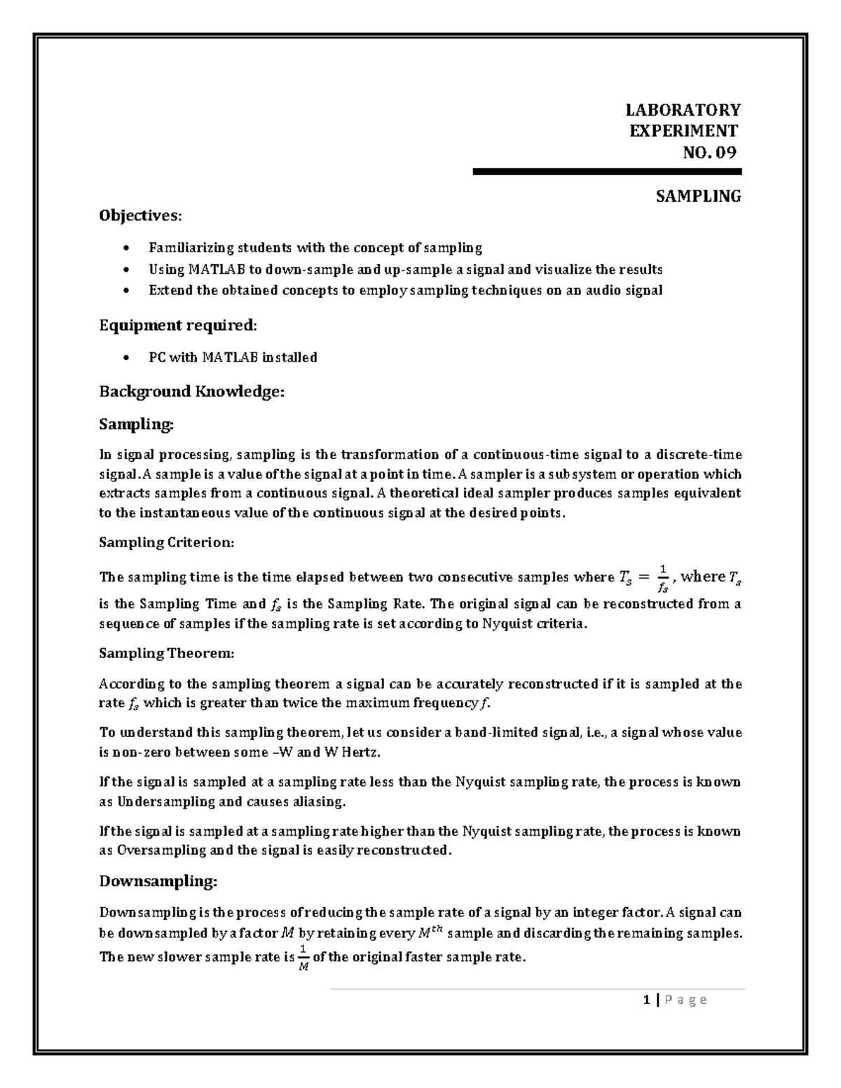 DSP - Lab Manual 09 - Sampling - LABORATORY EXPERIMENT NO. 09 SAMPLING ...
