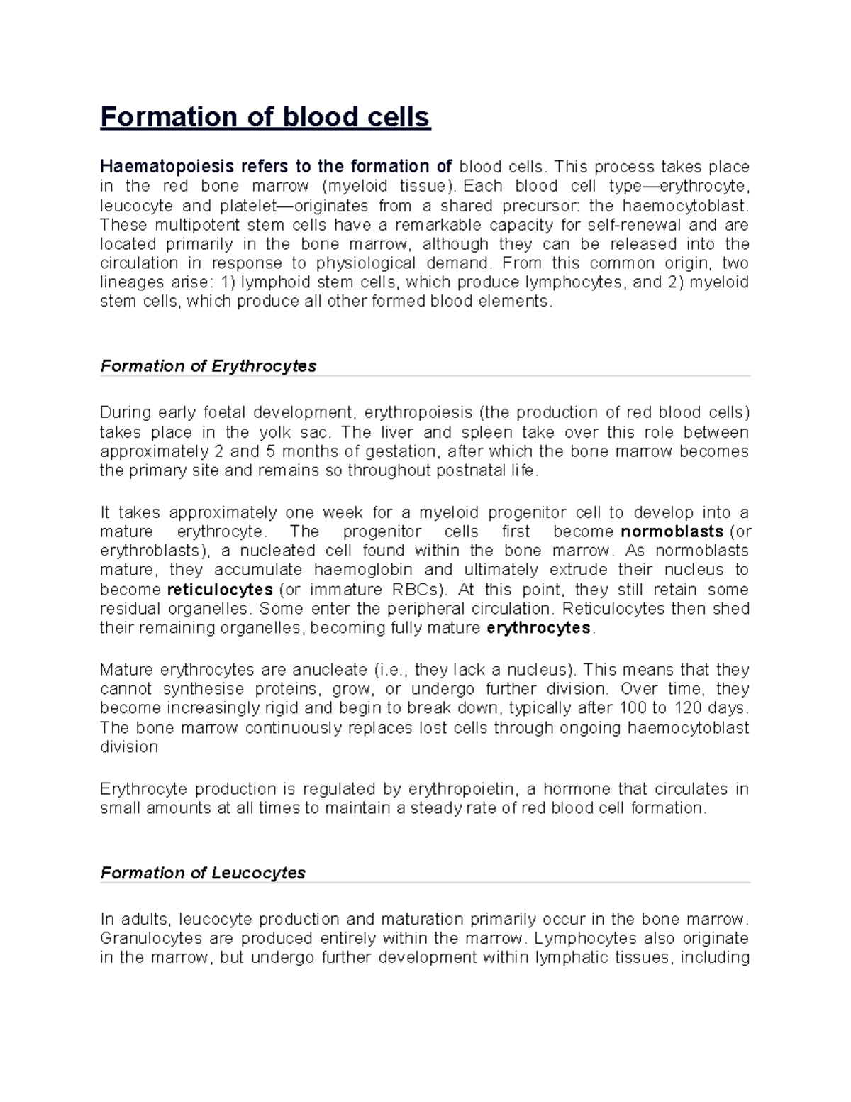 Formation of Blood Cells: Haematopoiesis Notes - Studocu