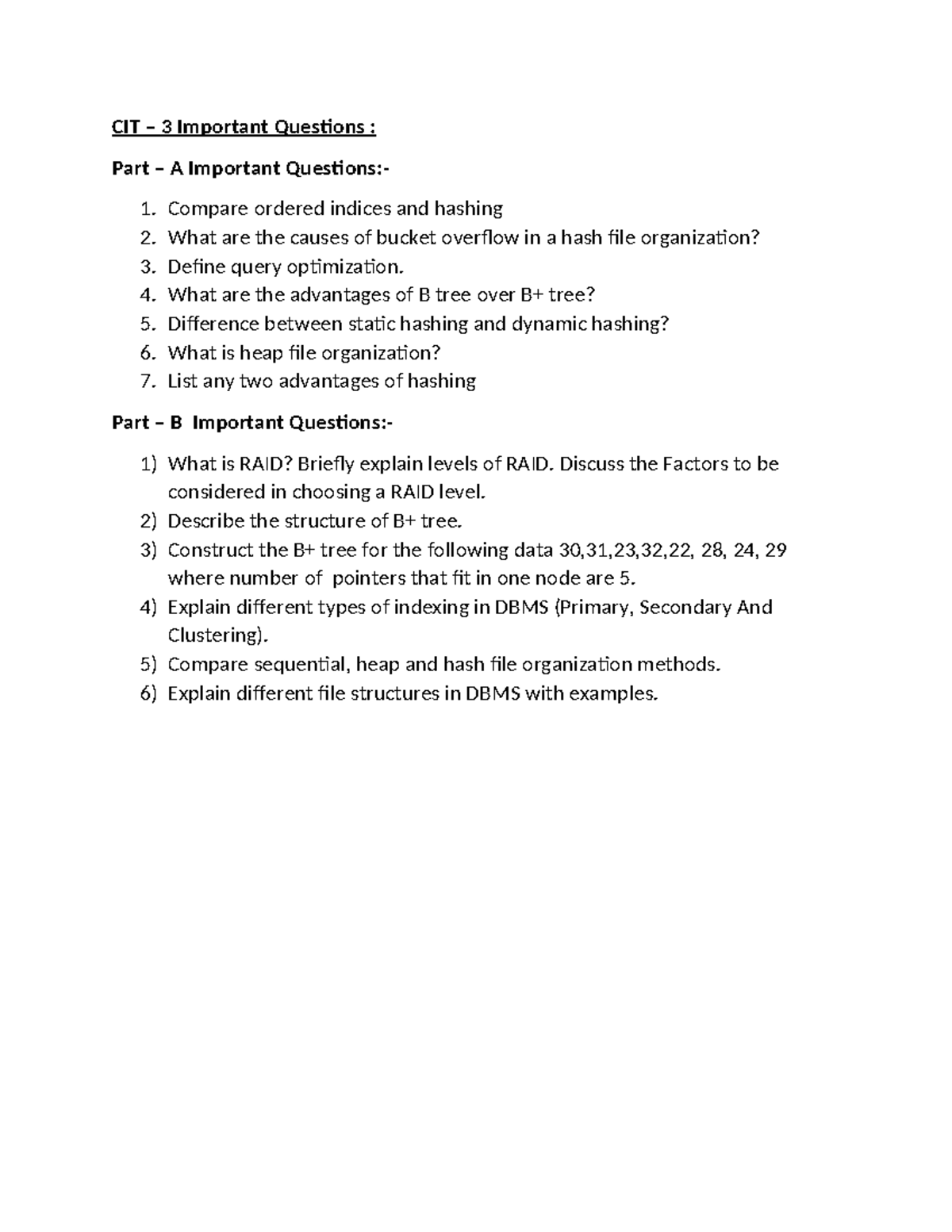 CIT 3 Important Questions: DBMS & File Organization Concepts - Studocu