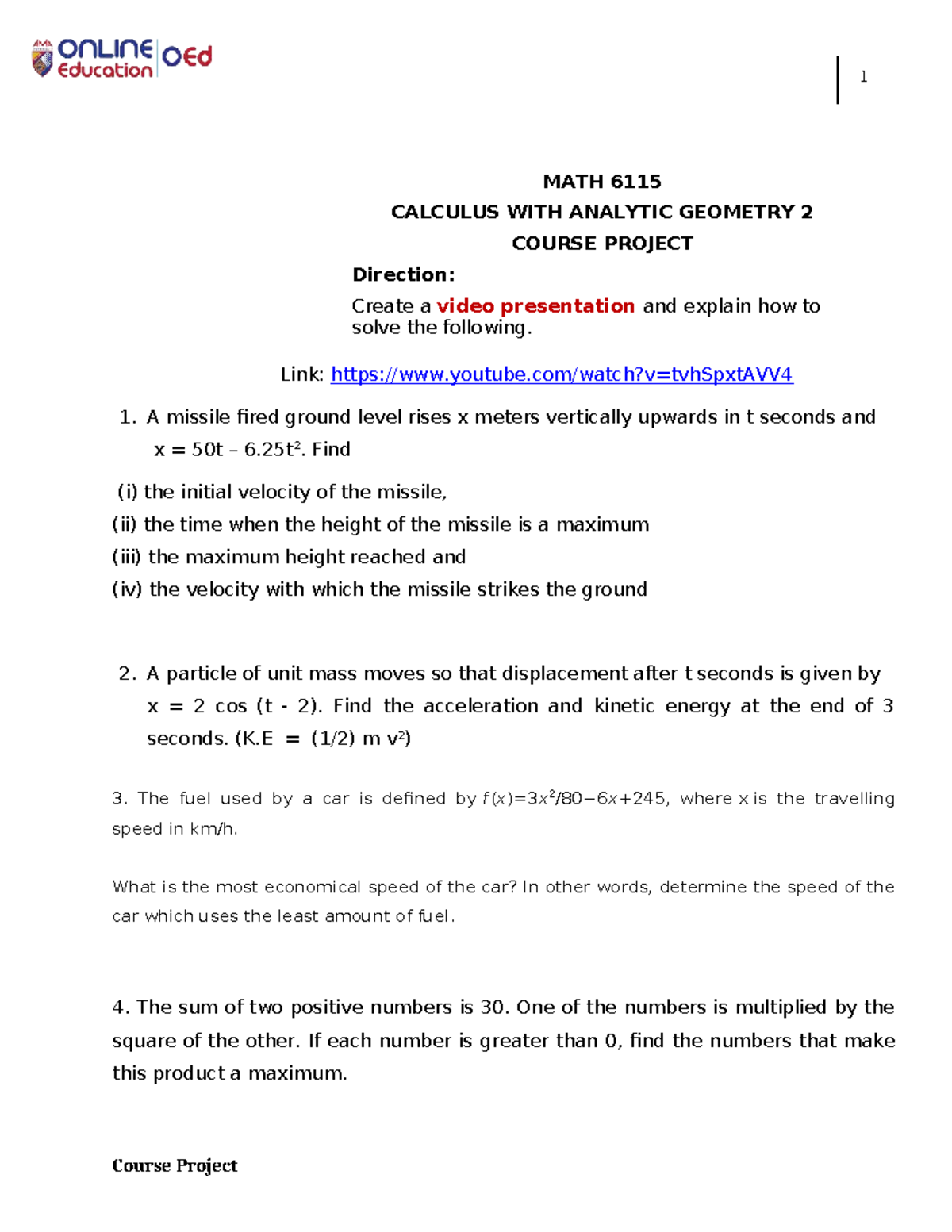 MATH 6115 Calculus with Analytic Geometry 2 Course Project Guide - Studocu