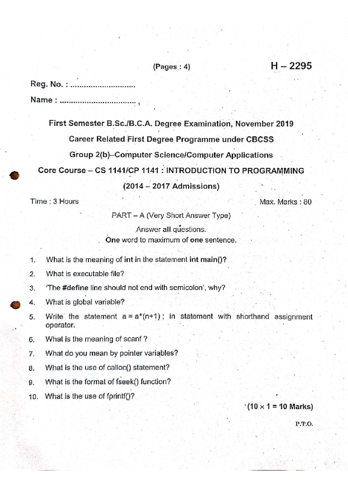 CS 1141: First Semester C Programming Exam Questions - Nov 2019 - Studocu
