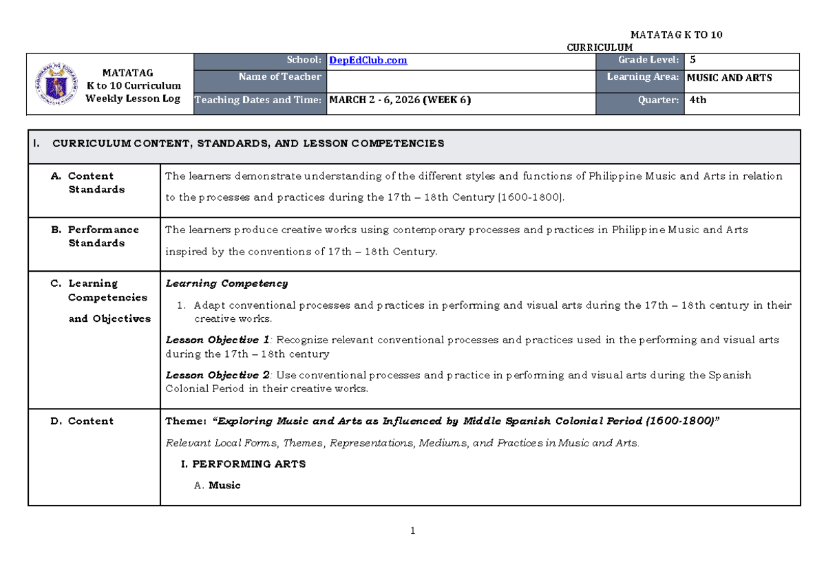 DTC DLL Matatag Music & Arts 5 Q4 Weekly Lesson Log (W6-8) - Studocu
