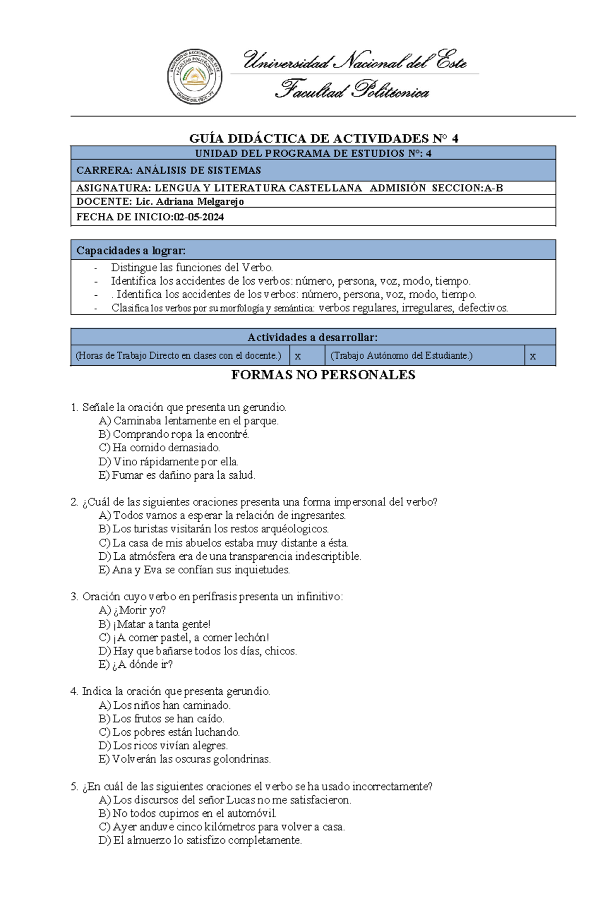 Actividades de Verbos y Formas No Personales - Lengua y Literatura 4to A-B  - Studocu, image size:1200x1835
