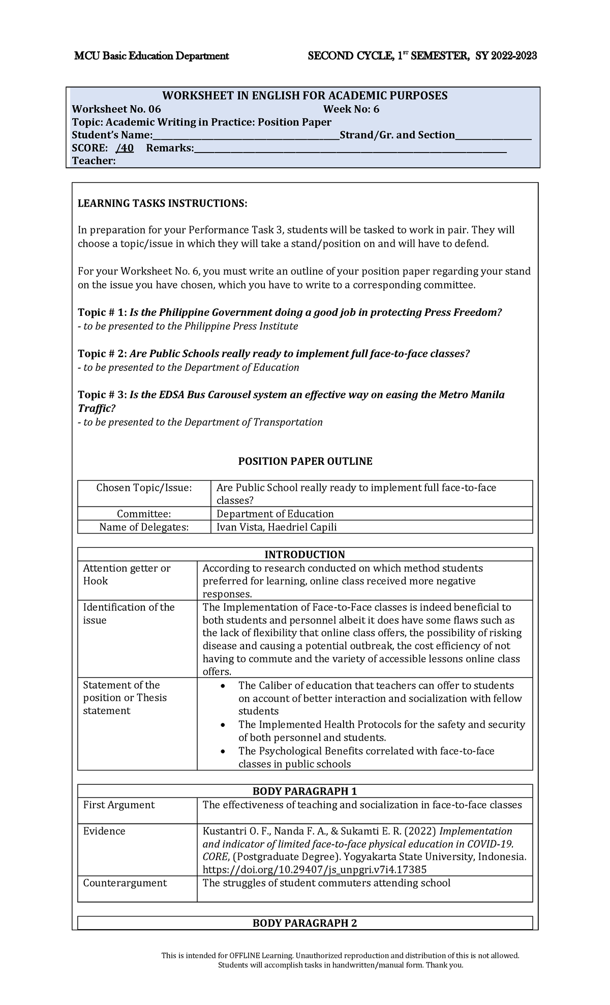 EAP 2nd Cycle Worksheet 6: Position Paper Outline on Education Issues ...