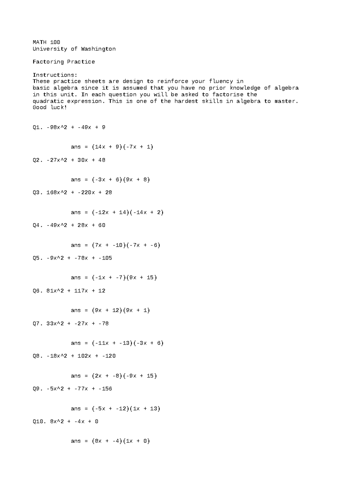 MATH100 factoring quadratics practice worksheet 57 - MATH 100 ...