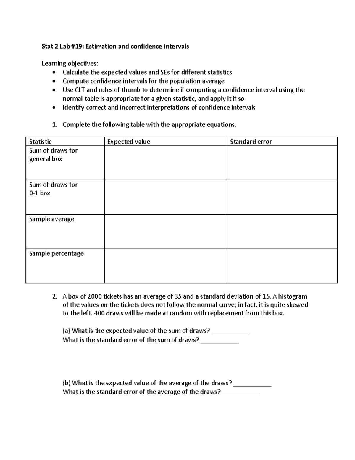 Stat 2 Lab: Estimation & Confidence Intervals - Lab Report - Studocu
